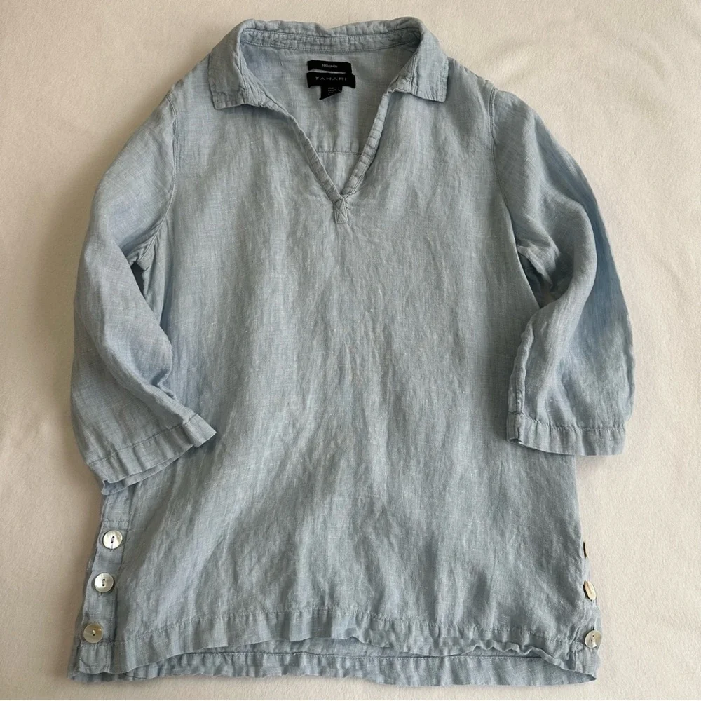 Tahari Women’s Linen Button Detail Blouse Light Blue 3/4 Sleeve Medium - Picture 7 of 8